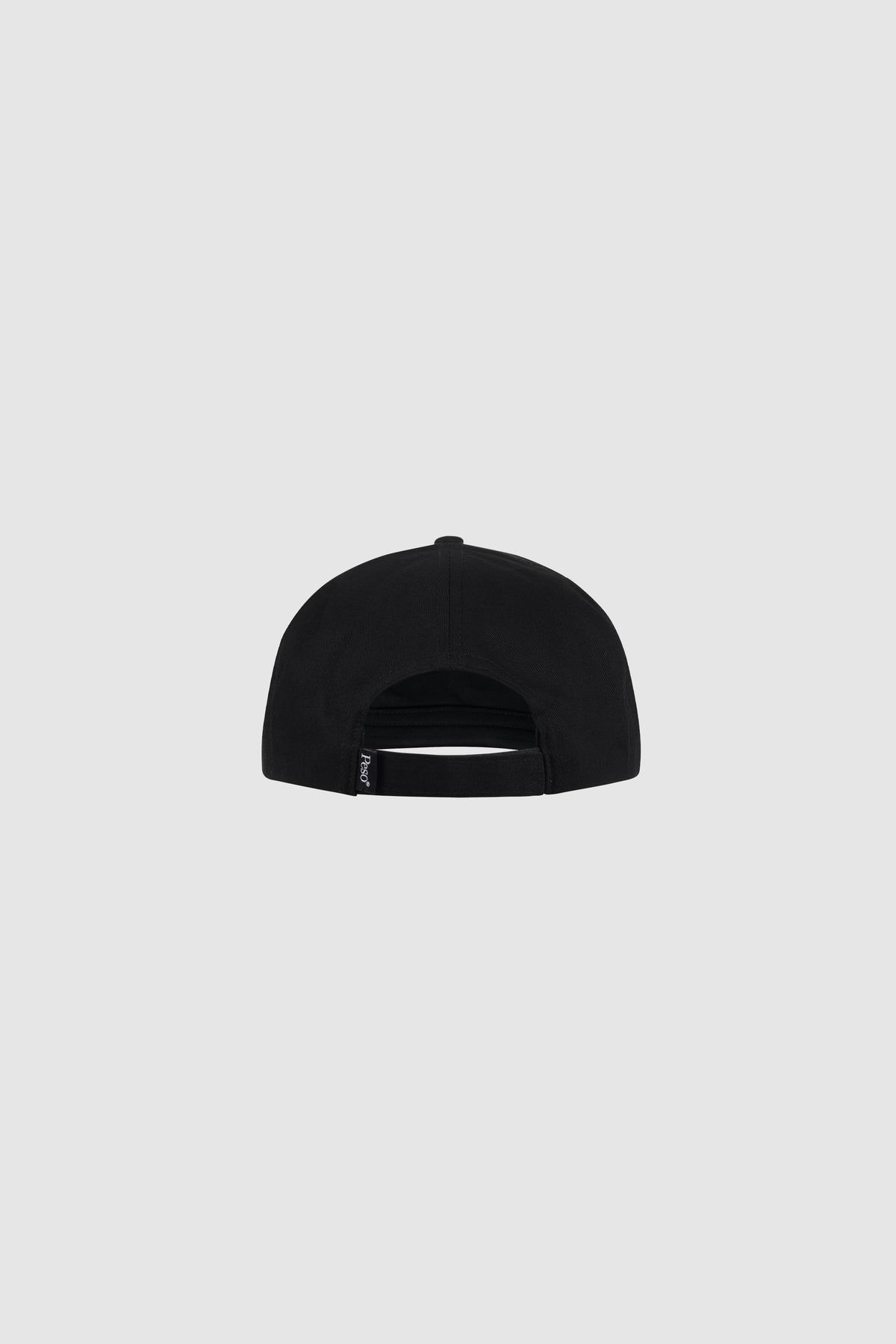 Back view of a black cotton PESOCLO Cross Cap featuring an adjustable snap-closure strap with a small white logo tag.