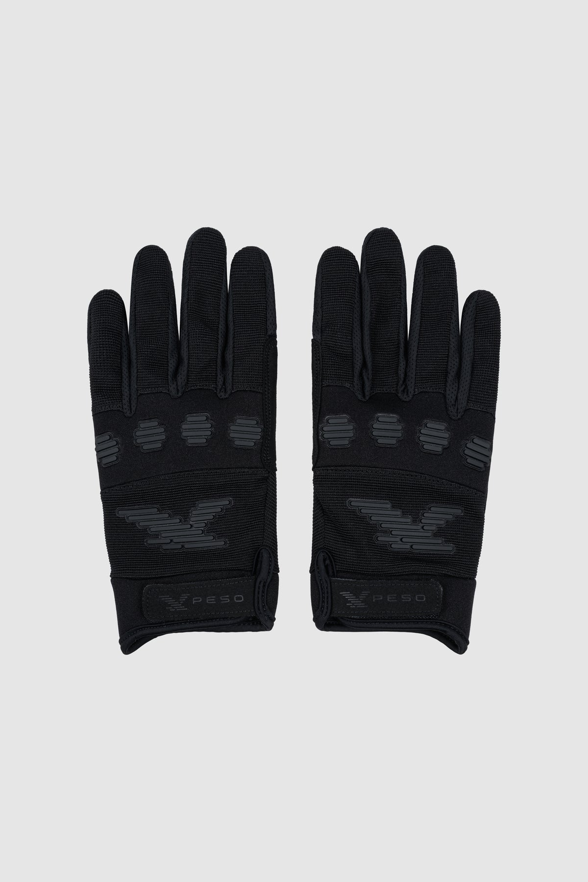 A pair of PESOCLO X-Ray Gloves in black, featuring textured accents and a chic logo print on the back of each hand, are displayed side by side against a plain light gray background.