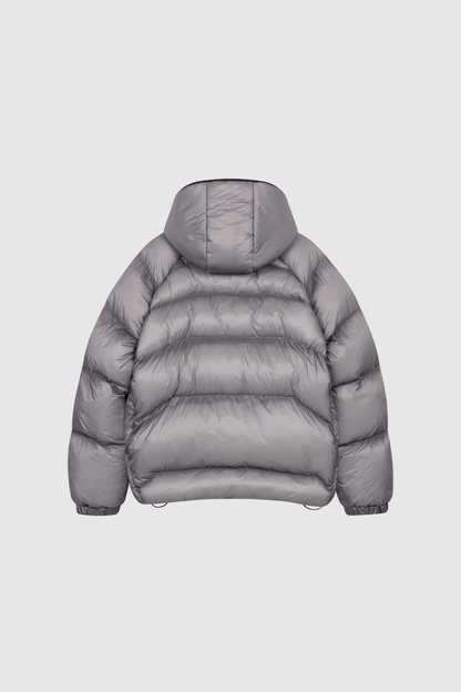 Back view of a grey PESOCLO Translucent Puffer hooded jacket with a translucent ripstop shell featuring a grid pattern.